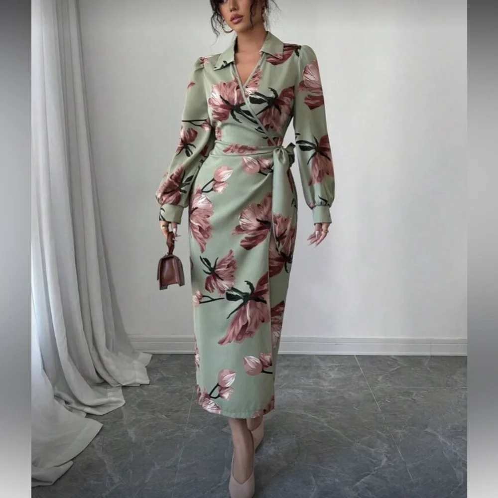 Floral Wrap Dress in Green and Pink